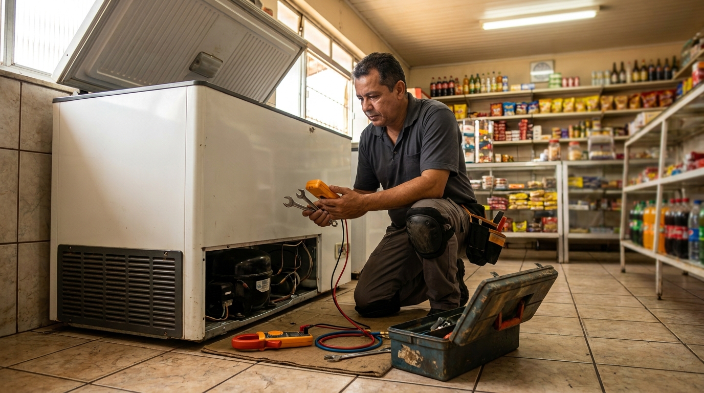 Técnico realizando manutenção de motor de freezer em Campinas‑SP