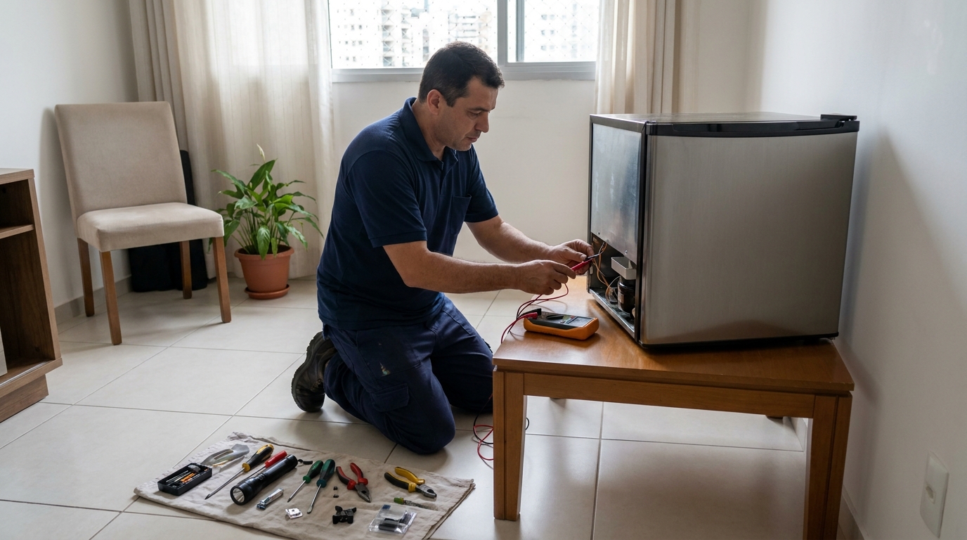 Técnico realizando manutenção de motor de frigobar em Campinas‑SP