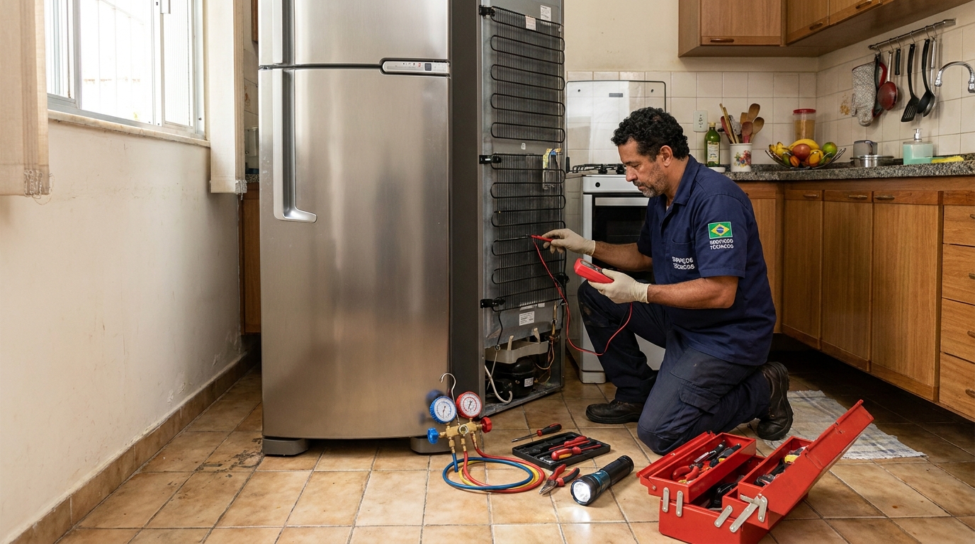 Técnico realizando manutenção de motor de geladeira em Campinas‑SP